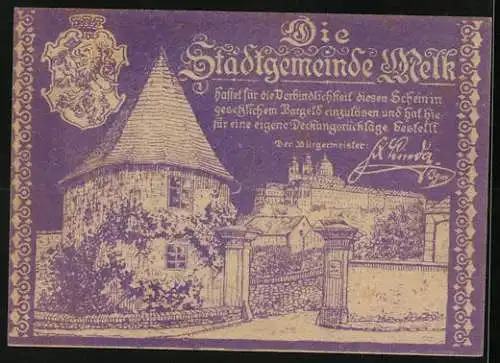 Notgeld Melk 1920, 10 Heller, Stadtansicht mit Wappen und Ornamenten