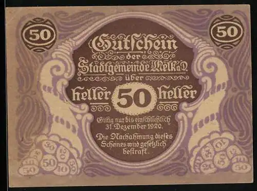 Notgeld Melk 1920, 50 Heller, mit Stadtszene und Wappen der Stadt Melk