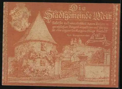 Notgeld Melk 1920, 50 Heller, mit Stadtszene und Wappen der Stadt Melk