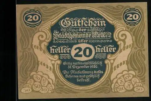 Notgeld Melk 1920, 20 Heller, Stadttor und Wappen mit Burgansicht