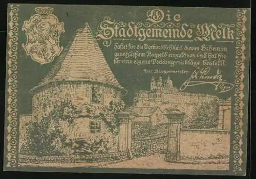 Notgeld Melk 1920, 20 Heller, Stadttor und Wappen mit Burgansicht