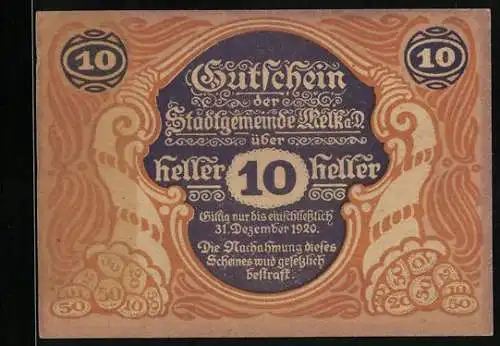 Notgeld Melk 1920, 10 Heller, Turm und Stadtansicht mit Wappen