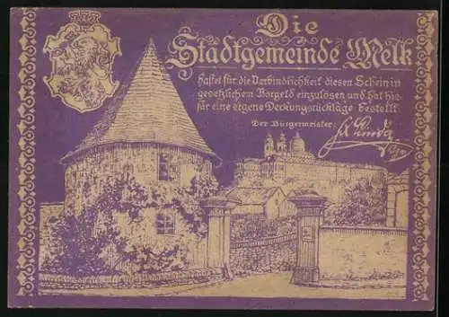 Notgeld Melk 1920, 10 Heller, Turm und Stadtansicht mit Wappen