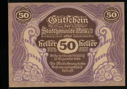 Notgeld Melk 1920, 50 Heller, Ornamentik mit Stadtansicht und Wappen