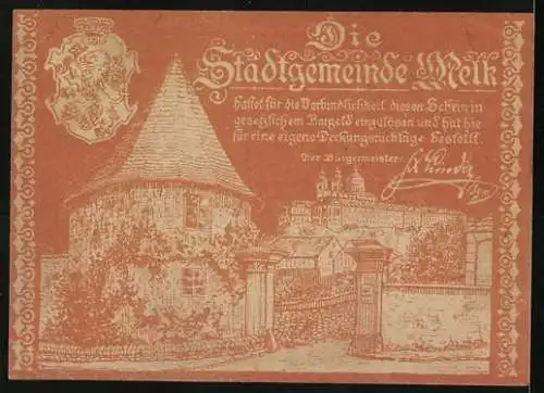 Notgeld Melk 1920, 50 Heller, Ornamentik mit Stadtansicht und Wappen