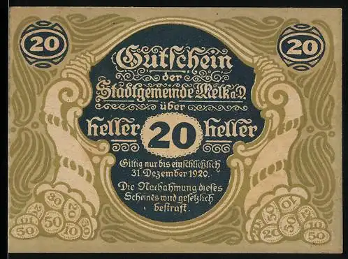 Notgeld Melk 1920, 20 Heller, Stadtansicht mit Wappen und historischer Architektur