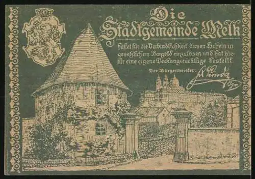 Notgeld Melk 1920, 20 Heller, Stadtansicht mit Wappen und historischer Architektur