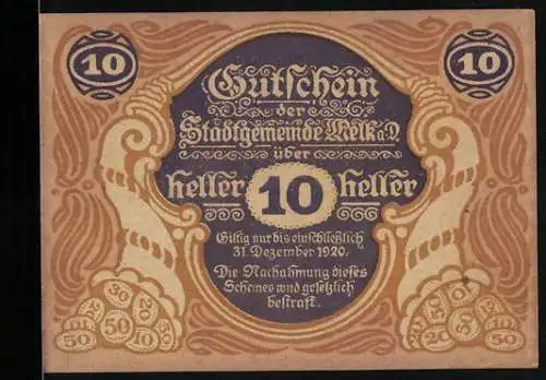 Notgeld Melk 1920, 10 Heller, Gutschein mit Stadtszene und Wappen der Stadt Melk