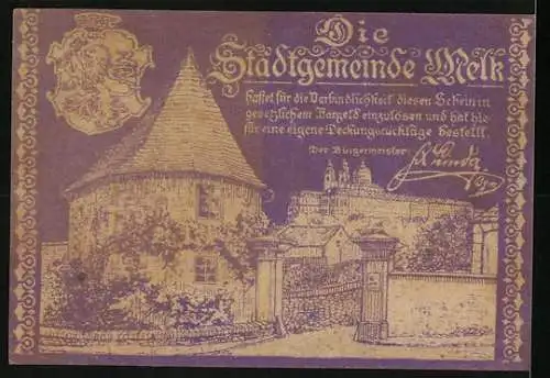 Notgeld Melk 1920, 10 Heller, Gutschein mit Stadtszene und Wappen der Stadt Melk