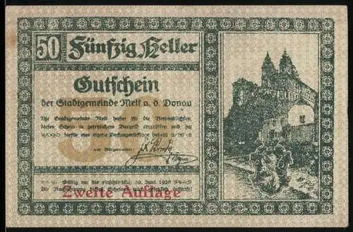 Notgeld Melk 1920, 50 Heller, Stadtansicht mit Burg und Wappen, zweite Auflage