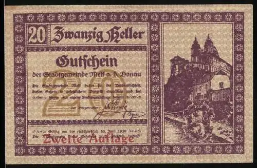 Notgeld Melk 1920, 20 Heller, Stadtansicht mit Gebäude und Wappen