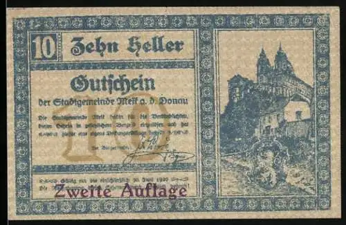 Notgeld Melk 1920, 10 Heller, Stadtansicht mit Burg und Flussmotiven