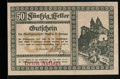 Notgeld Melk 1920, 50 Heller, Stadtansicht mit Burg und Wappen, Dritte Auflage