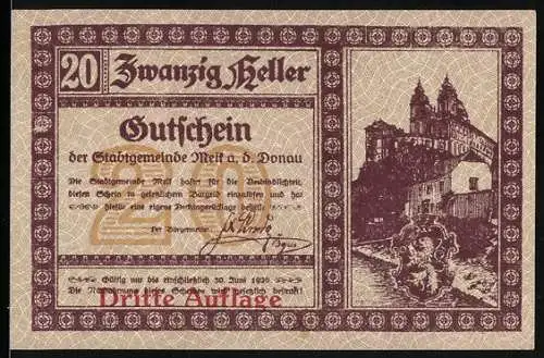 Notgeld Melk 1920, 20 Heller, Stadtansicht mit historischer Architektur, dritte Auflage