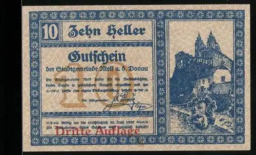 Notgeld Melk 1920, 10 Heller, Stadtansicht mit Kirche und Wappen