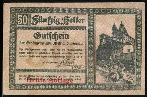 Notgeld Melk 1920, 50 Heller, Stadtansicht mit Burg und Wappen, Dritte Auflage