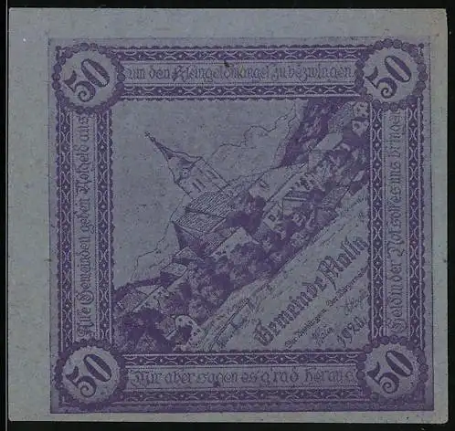 Notgeld Molln 1921, 50 Heller, Dorfansicht mit Kirche und floralem Muster