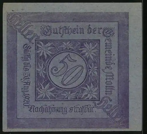 Notgeld Molln 1921, 50 Heller, Dorfansicht mit Kirche und floralem Muster