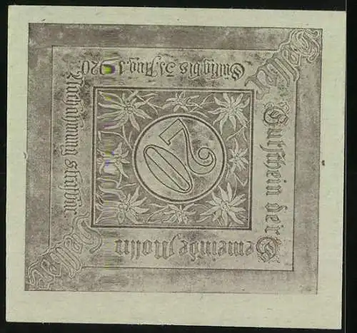 Notgeld Molln 1919, 20 Heller, Stadtansicht mit Kirche und floralen Motiven