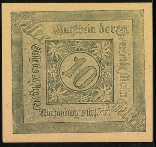 Notgeld Molln 1920, 10 Heller, Stadtansicht und Blumenmuster
