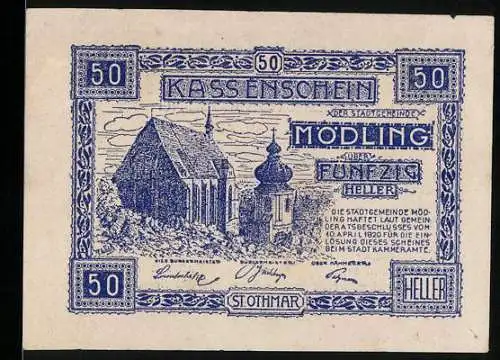 Notgeld Mödling 1920, 50 Heller, St. Othmar Kirche und Wappen der Stadt Mödling