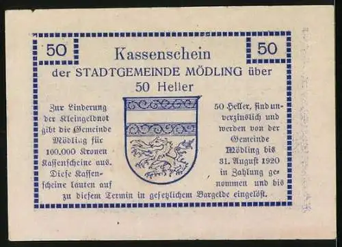 Notgeld Mödling 1920, 50 Heller, St. Othmar Kirche und Wappen der Stadt Mödling