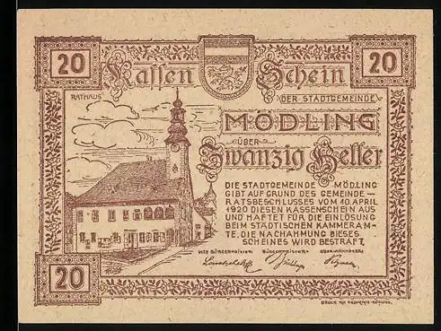 Notgeld Mödling 1920, 20 Heller, Rathaus und Stadtwappen, Text über Ausgabe und Nutzung