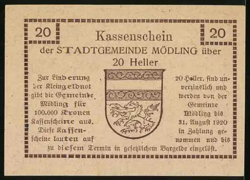 Notgeld Mödling 1920, 20 Heller, Rathaus und Stadtwappen, Text über Ausgabe und Nutzung