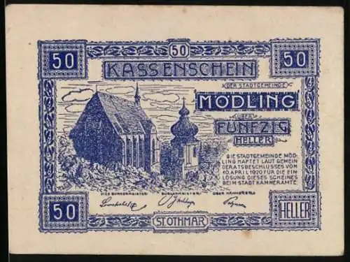 Notgeld Mödling 1920, 50 Heller, Kirche und Wappen der Stadt Mödling