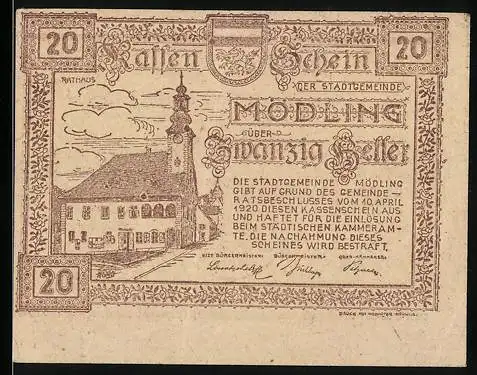 Notgeld Mödling 1920, 20 Heller, Rathaus und Wappen der Stadtgemeinde Mödling