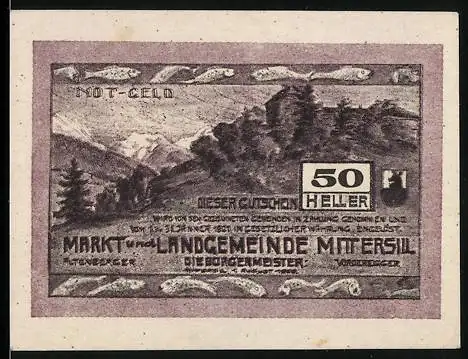 Notgeld Mittersill, 50 Heller, Berglandschaft und Fische, Markt- und Landgemeinde Mittersill, 1920er Jahre