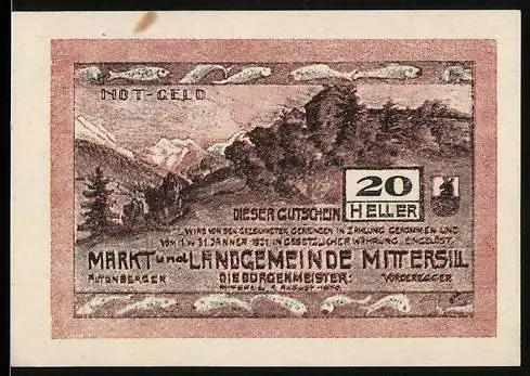 Notgeld Mittersill, 20 Heller, Landschaftsmotiv mit Berg und Wald, Wappen vorhanden