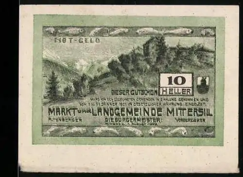 Notgeld Mittersill, 10 Heller, Landschaft mit Hügel und Bäumen