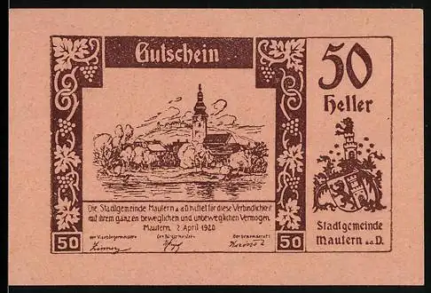 Notgeld Mautern 1920, 50 Heller, Stadtansicht und Wappen, gültig bis 31. Dezember 1920