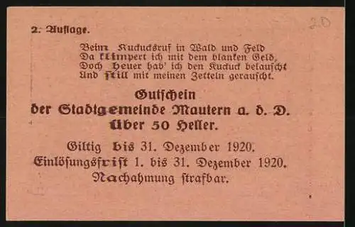 Notgeld Mautern 1920, 50 Heller, Stadtansicht und Wappen, gültig bis 31. Dezember 1920