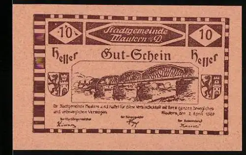 Notgeld Mautern 1920, 10 Heller, Brückenmotiv und Stadtwappen, gültig bis 31. Dezember 1920