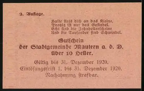 Notgeld Mautern 1920, 10 Heller, Brückenmotiv und Stadtwappen, gültig bis 31. Dezember 1920