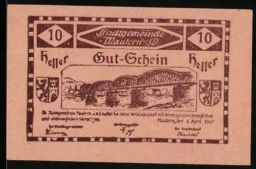 Notgeld Mautern 1920, 10 Heller, Brückenmotiv mit Wappen und Text, Serie 2, gültig bis 31. Dezember 1920