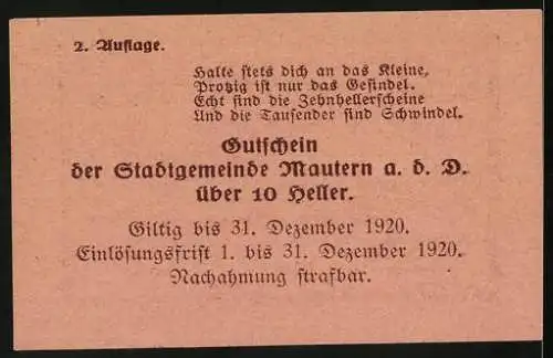 Notgeld Mautern 1920, 10 Heller, Brückenmotiv mit Wappen und Text, Serie 2, gültig bis 31. Dezember 1920