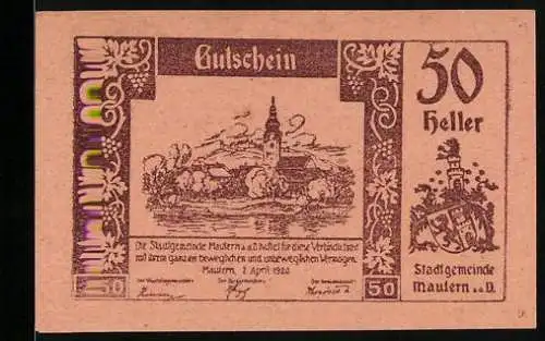 Notgeld Mautern 1920, 50 Heller, Landschaftsmotiv mit Kirche, Stadtwappen der Stadtgemeinde Mautern an der Donau