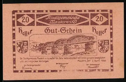 Notgeld Mautern 1920, 20 Heller, Brückenmotiv mit Wappen und Seriennummer