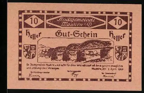 Notgeld Mautern 1920, 10 Heller, Brücke über Fluss, Stadtwappen, 2. Auflage