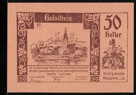 Notgeld Mautern 1920, 50 Heller, Kirche und Stadtwappen, 2. Auflage, gültig bis 31. Dezember 1920