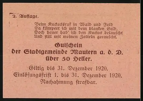 Notgeld Mautern 1920, 50 Heller, Kirche und Stadtwappen, 2. Auflage, gültig bis 31. Dezember 1920