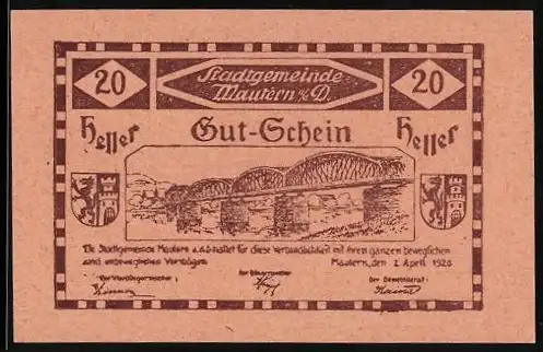 Notgeld Mautern 1920, 20 Heller, Brücke mit Stadtwappen und Gedicht, 2. Ausgabe