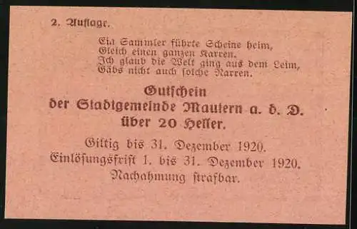 Notgeld Mautern 1920, 20 Heller, Brücke mit Stadtwappen und Gedicht, 2. Ausgabe