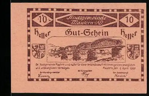 Notgeld Mautern 1920, 10 Heller, Brückenmotiv mit Landschaft, Ausgabedatum 2. April 1920