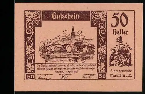 Notgeld Mautern 1920, 50 Heller, Dorflandschaft und Wappen, Seriennummer und Ausgabeinformationen enthalten