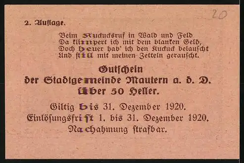 Notgeld Mautern 1920, 50 Heller, Dorflandschaft und Wappen, Seriennummer und Ausgabeinformationen enthalten