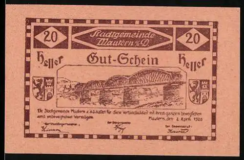 Notgeld Mautern 1920, 20 Heller, Brücke und Stadtansicht, Wappen, Seriennummer